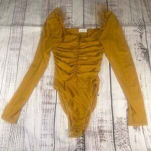 Mustard Mesh Ruched Bodysuit Puff Sleeve Sheer Y2K Bodysuit-M